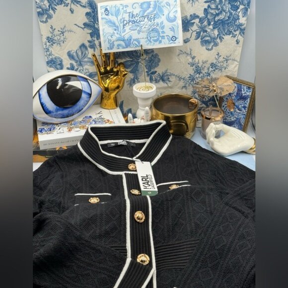 🆕 KARL LAGERFELD 🧿 NWT Classic Long Sleeve Button Up Jacquard Mini Dress, Sz M - Picture 13 of 16